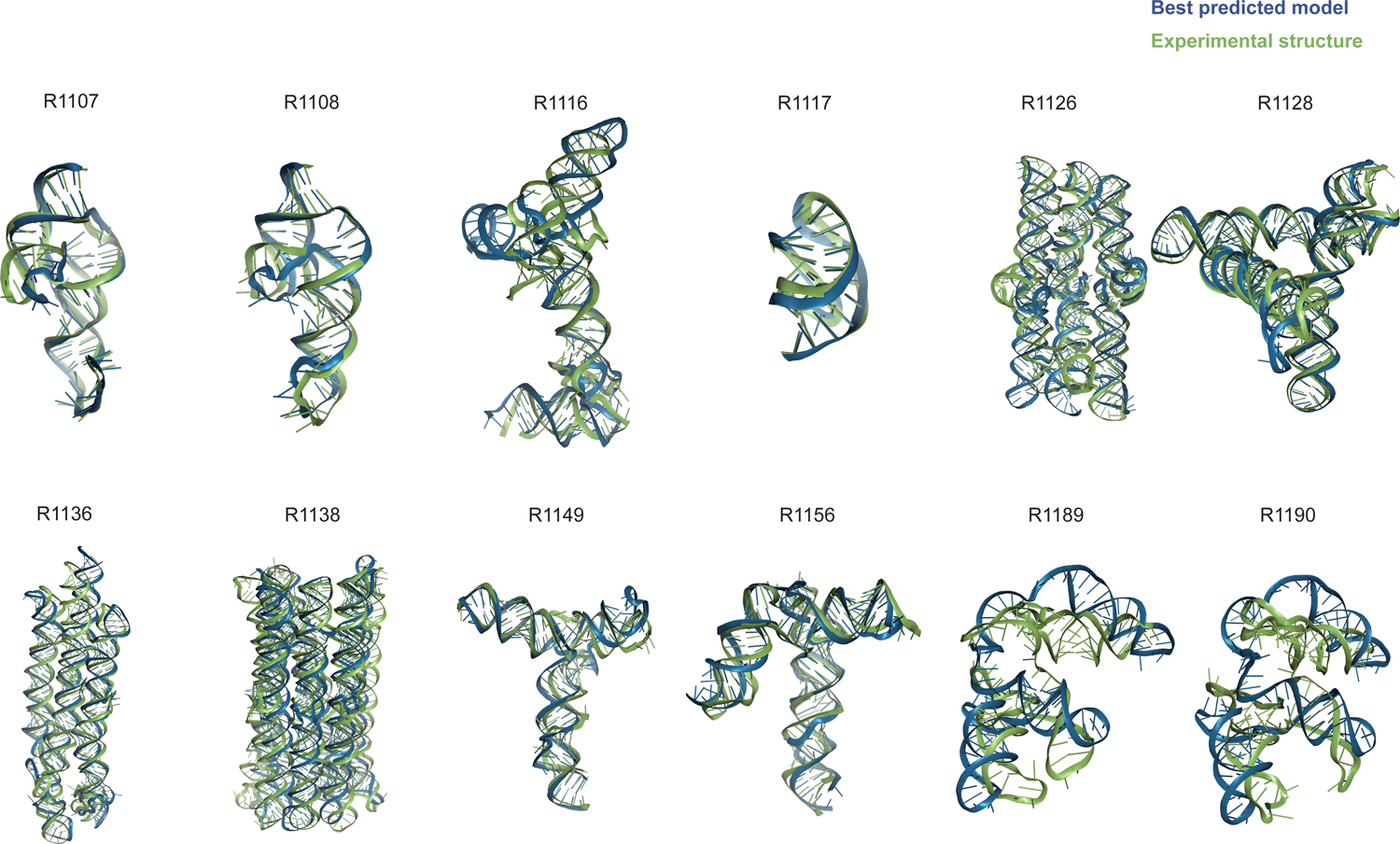 CASP15 RNA targets overlaid with the best-ranked submitted model