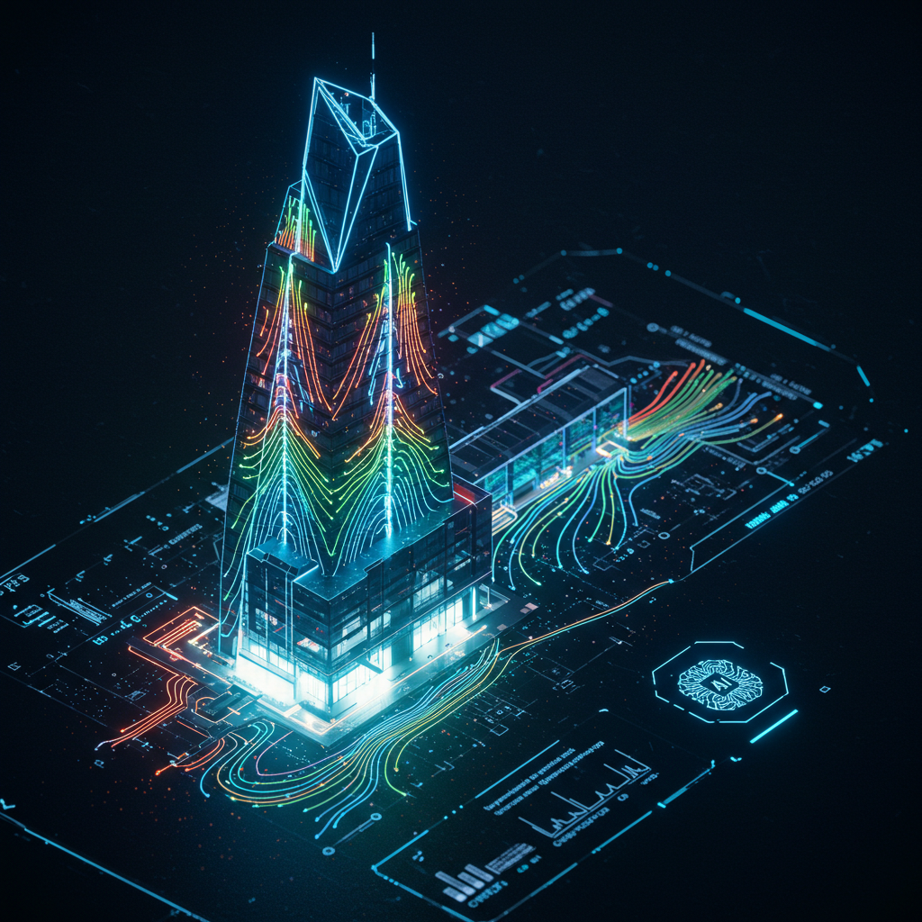 AI generated image: A futuristic architectural blueprint glowing on a digital interface, overlaid wi...