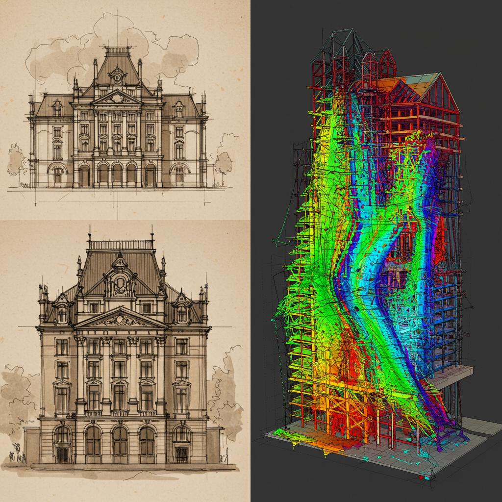 AI generated image: Split screen: Left side shows a traditional architectural sketch. Right side sho...