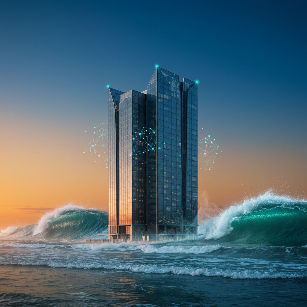 AI generated image: Wide shot of a sleek, innovative, perhaps slightly futuristic building standing ...