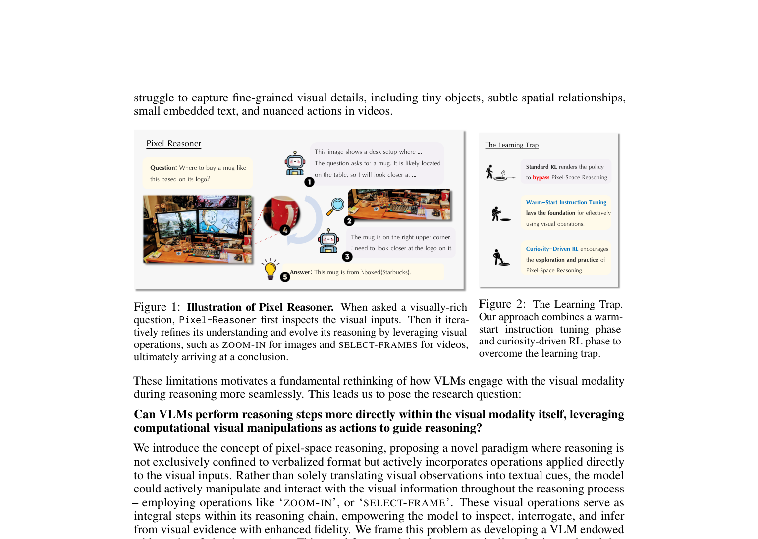Pixel Reasoner: VLMs iteratively zoom into image regions during reasoning, using RL to learn visual exploration strategies.