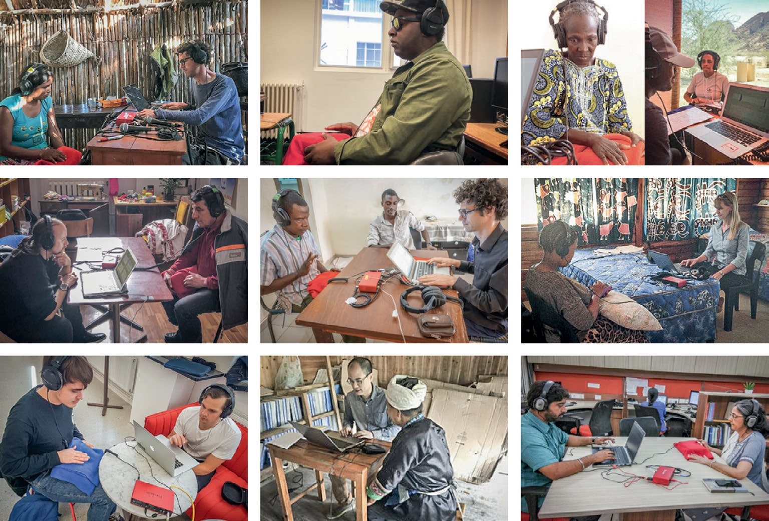 Research participants from around the world wearing headphones while participating in the rhythm tapping experiments.
