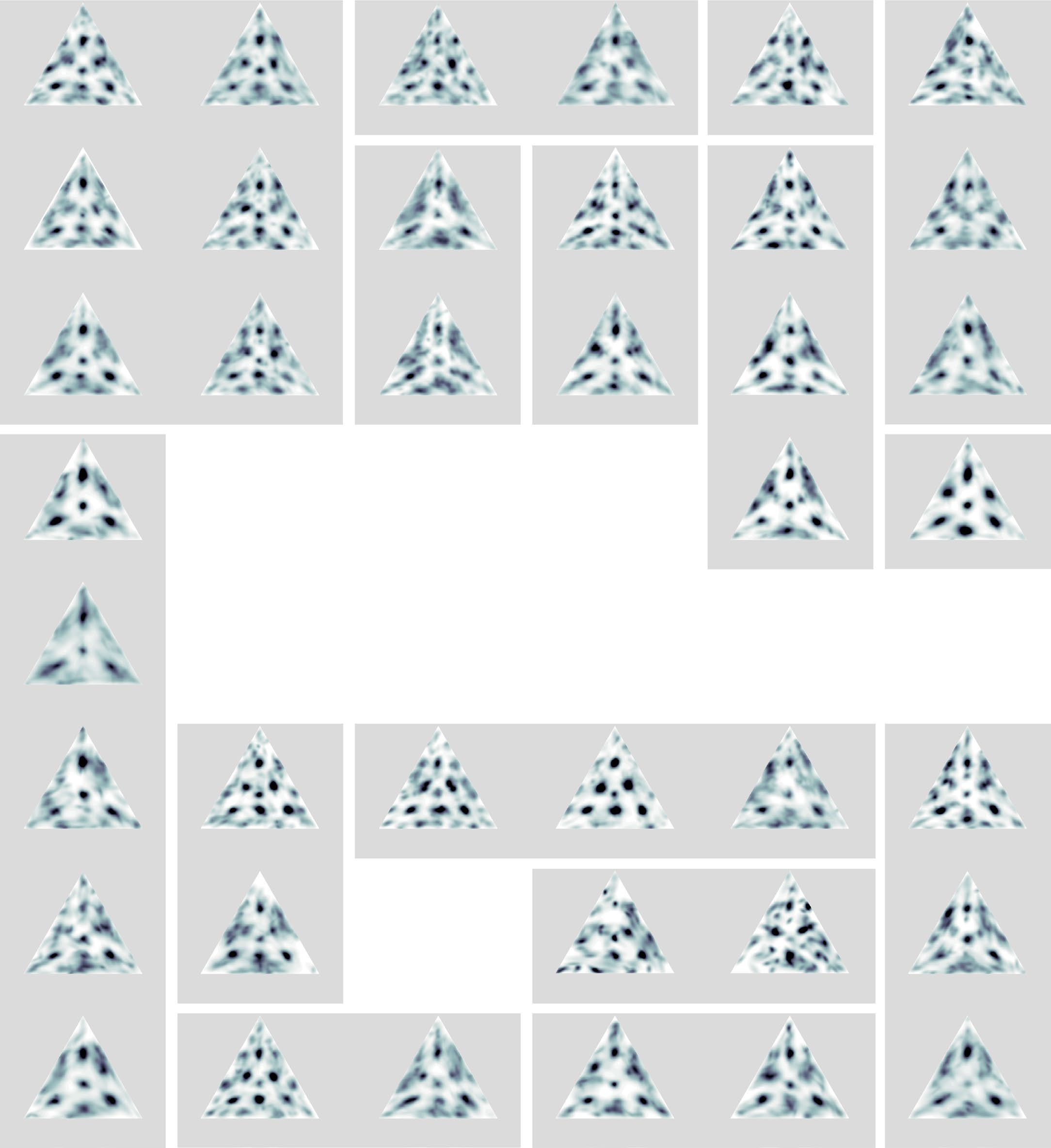 The rhythm fingerprints of 39 cultures: Each triangle shows where participants' tapped rhythms clustered, revealing both universal patterns (integer ratios) and cultural variation (which specific ratios dominate).