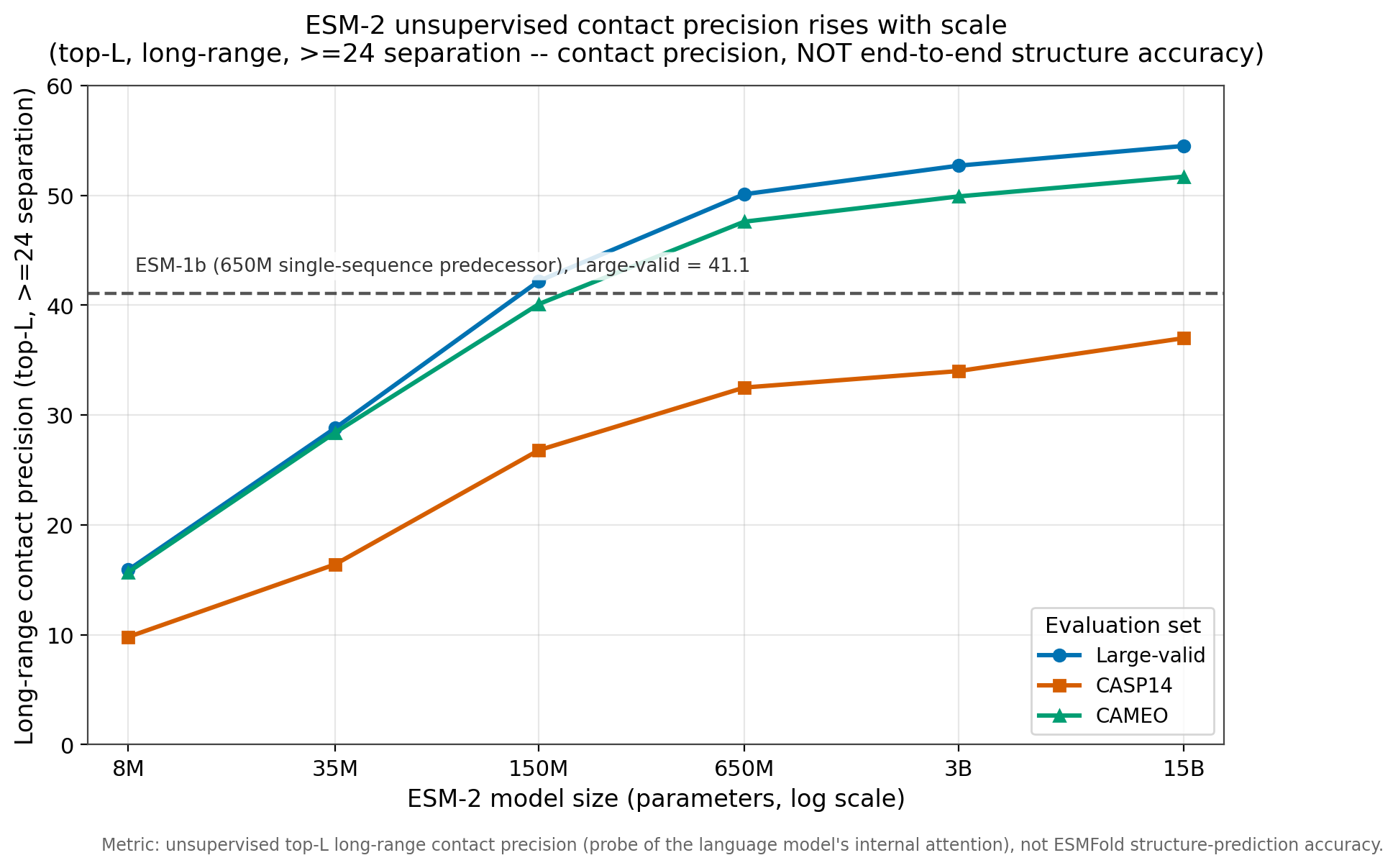 Line chart of ESM-2 unsupervised long-range contact precision against parameter count on a log scale, from 8M to 15B, for three evaluation sets (Large-valid, CASP14, CAMEO). All three rise monotonically with scale, and the 15B model passes the ESM-1b single-sequence reference line at 41.1.